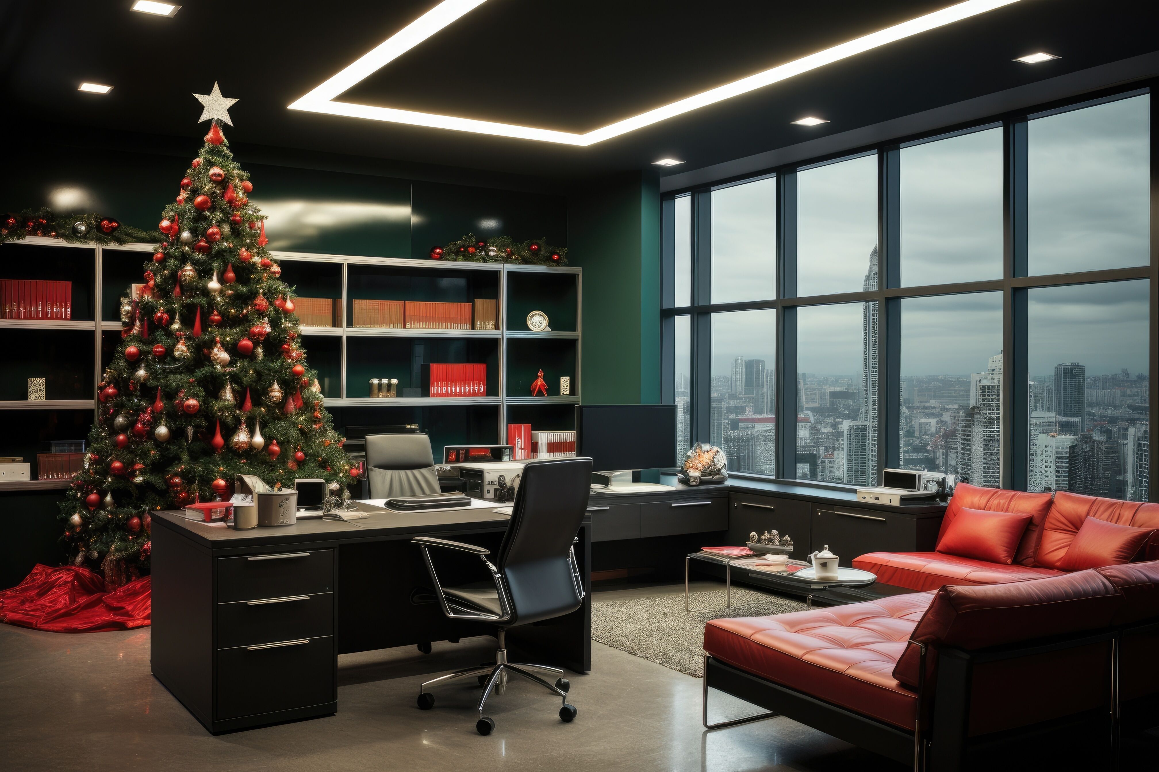 A lit Christmas tree standing in an office with holiday lighting installed by an expert from Custom Electrical Services .