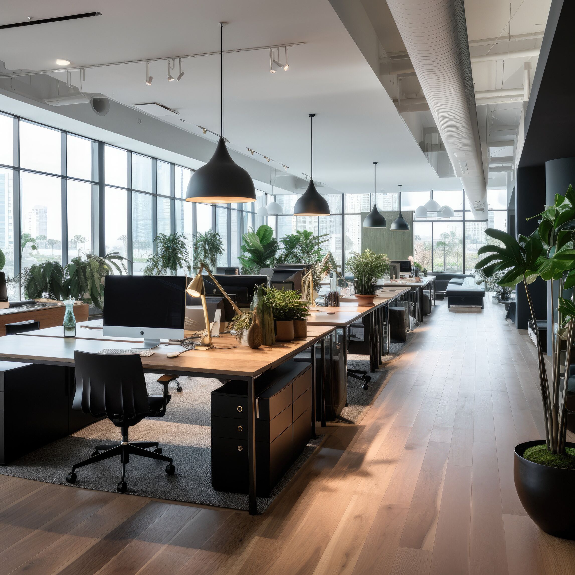 A productive office lighting set up - contact Custom Electrical Services  today to discuss your office's lighting!